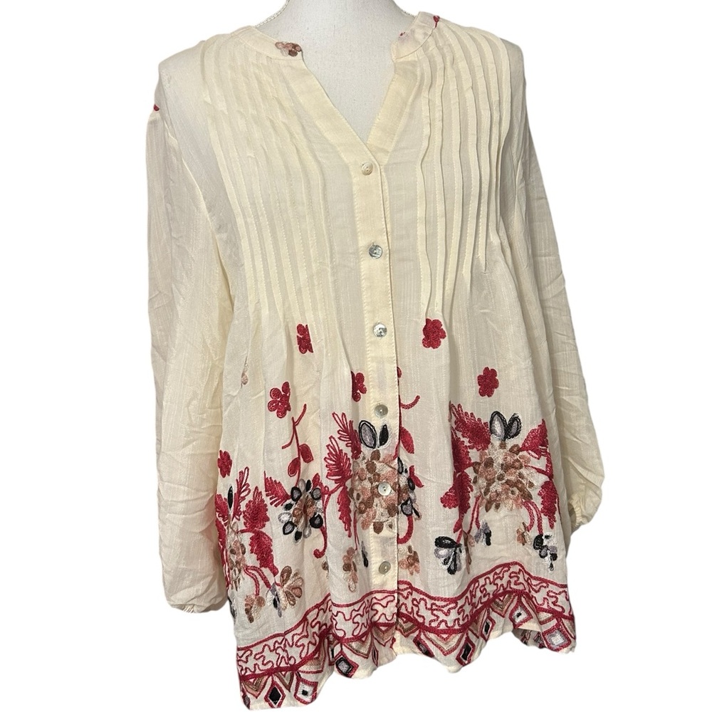 Fig And Flower Floral Embroidered Top Womens XL Sheer Boho Classic Artsy NWT